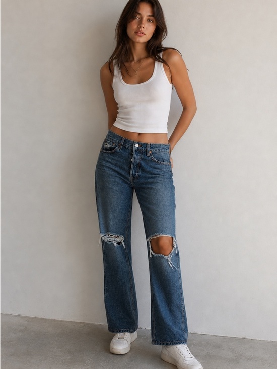 Re/done Denim - Re/done High-Waist Distressed Button-Fly Jeans - Medium Blue size 28
